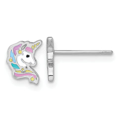 Sterling Silver Rhodium-plated Polished White and Rainbow Enamel Unicorn Head Childrens Post Earrings