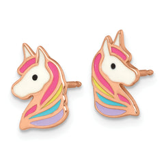 Sterling Silver Rose-tone Polished White and Rainbow Enameled Unicorn Childrens Post Earrings