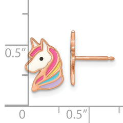 Sterling Silver Rose-tone Polished White and Rainbow Enameled Unicorn Childrens Post Earrings