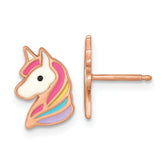 Sterling Silver Rose-tone Polished White and Rainbow Enameled Unicorn Childrens Post Earrings