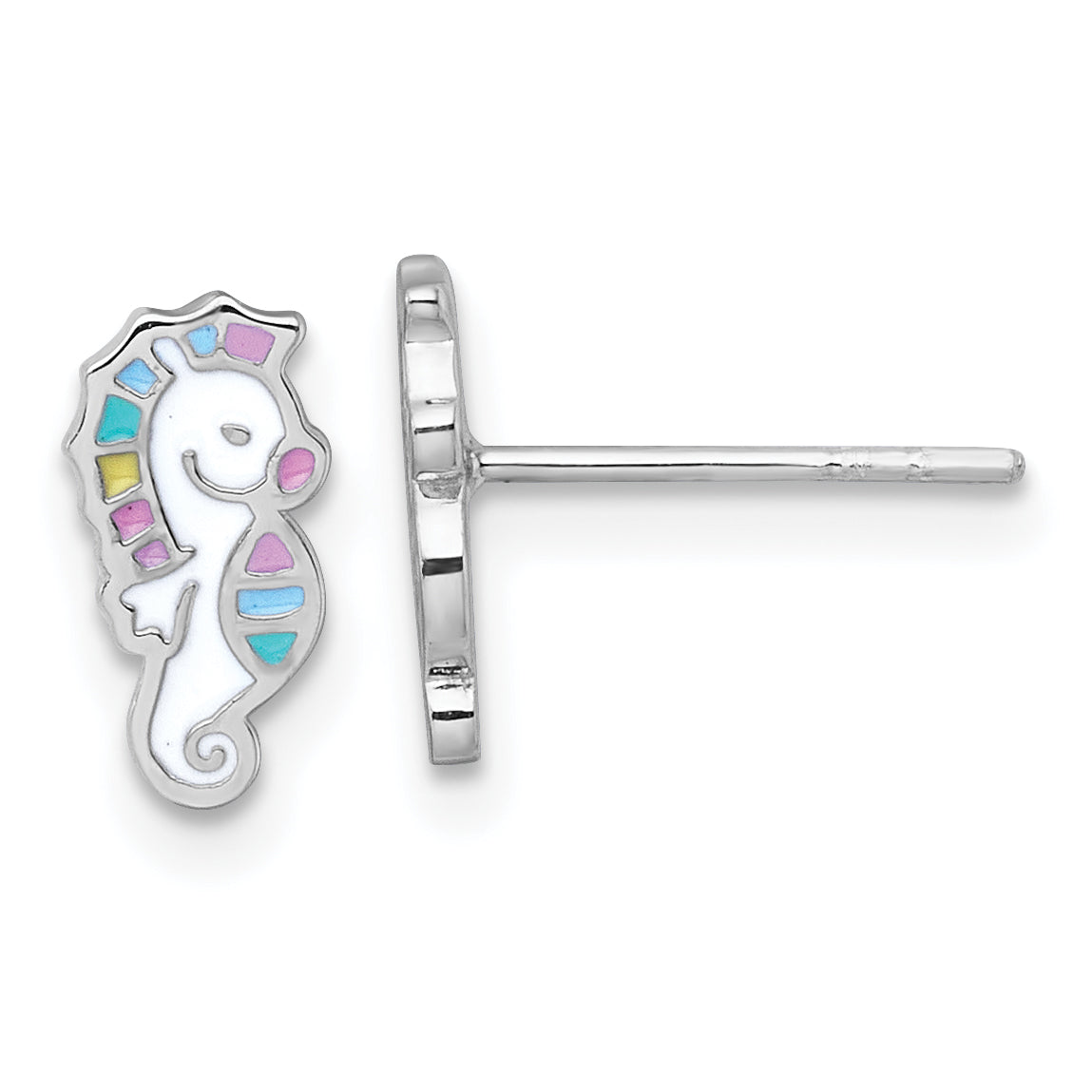 Sterling Silver Rhodium-plated Polished White and Rainbow Enamel Seahorse Childrens Post Earrings