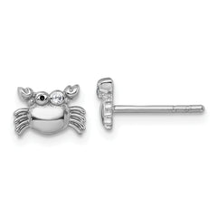 Sterling Silver Rhodium-plated Polished Black Enamel and White CZ Crab Childrens Post Earrings