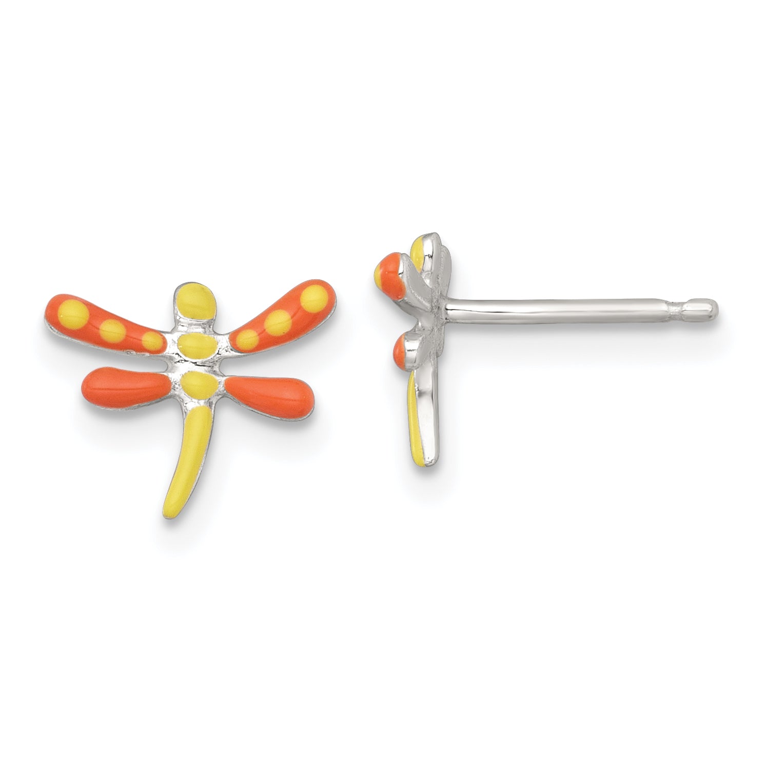 Sterling Silver Polished Yellow and Orange Enameled Dragonfly Childrens Post Earrings