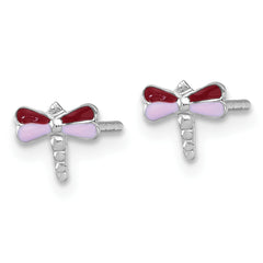 Sterling Silver Madi K Rhodium-plated Enameled Red And Pink Dragonfly Childrens Post Earrings