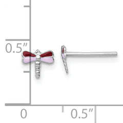 Sterling Silver Madi K Rhodium-plated Enameled Red And Pink Dragonfly Childrens Post Earrings
