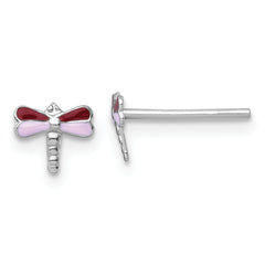 Sterling Silver Madi K Rhodium-plated Enameled Red And Pink Dragonfly Childrens Post Earrings