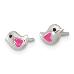 Sterling Silver Polished Pink and Black Enameled Heart Bird Childrens Post Earrings