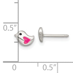 Sterling Silver Polished Pink and Black Enameled Heart Bird Childrens Post Earrings