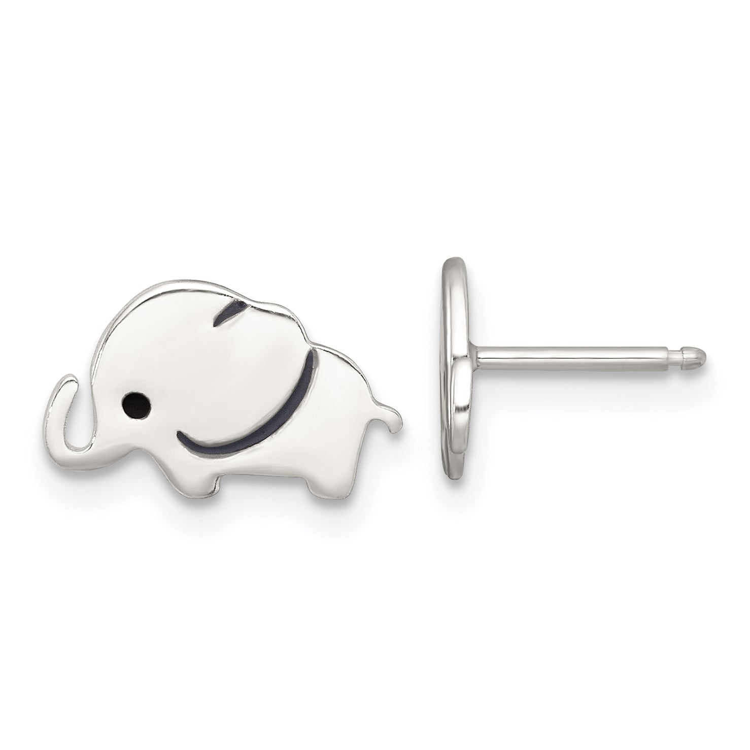 Sterling Silver Polished Black Enameled Elephant Childrens Post Earrings