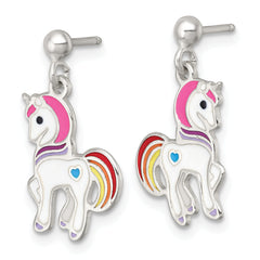 Sterling Silver Polished White and Rainbow Enameled Unicorn Childrens Post Dangle Earrings