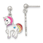 Sterling Silver Polished White and Rainbow Enameled Unicorn Childrens Post Dangle Earrings