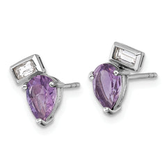 Sterling Silver Rhodium-plated Polished Pear Amethyst and Emerald-cut White Topaz Post Earrings