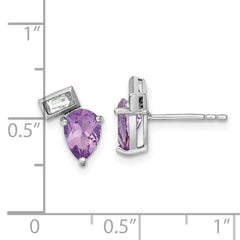 Sterling Silver Rhodium-plated Polished Pear Amethyst and Emerald-cut White Topaz Post Earrings