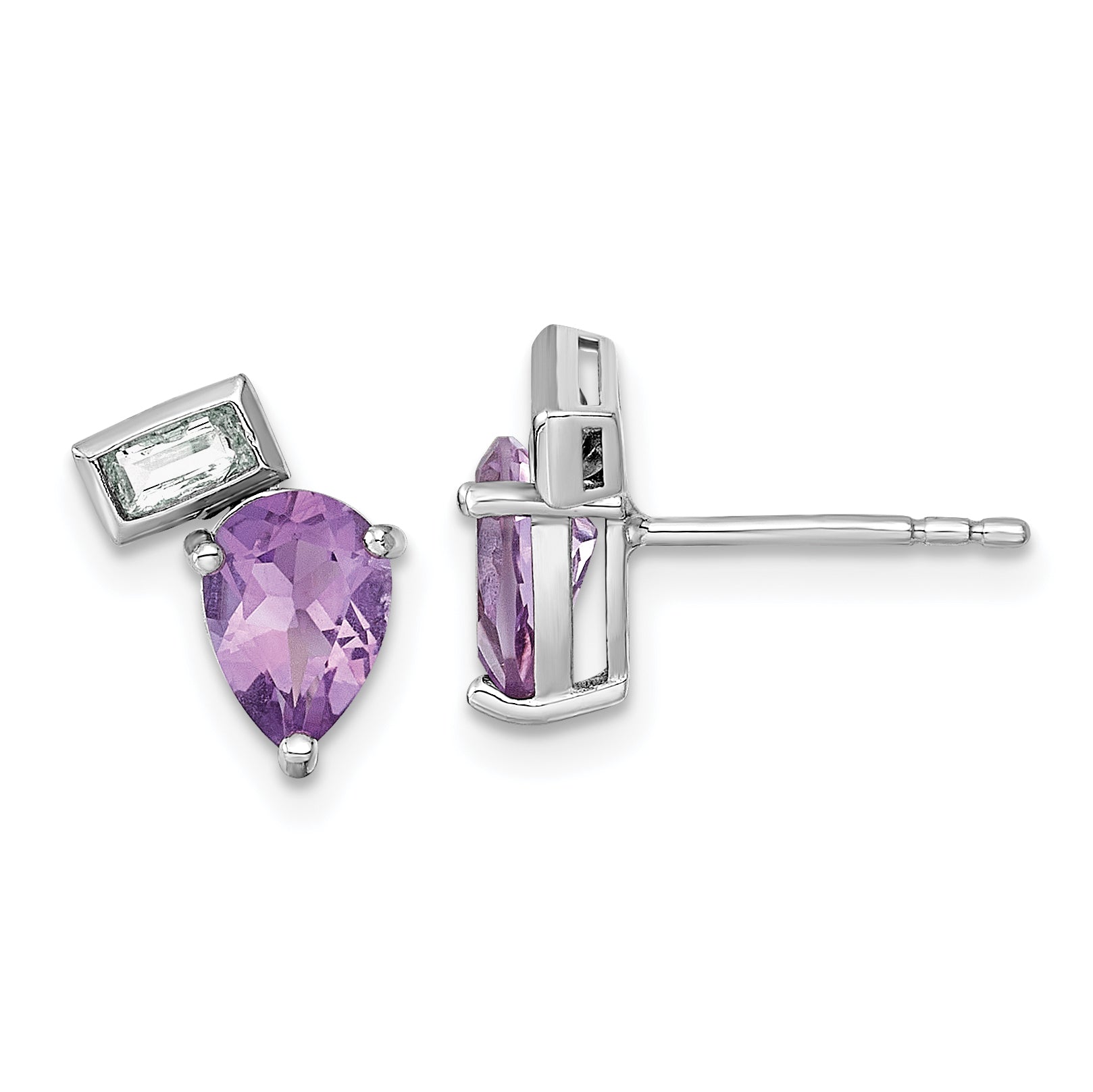 Sterling Silver Rhodium-plated Polished Pear Amethyst and Emerald-cut White Topaz Post Earrings