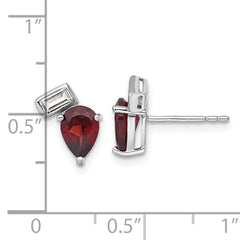 Sterling Silver Rhodium-plated Polished Pear Garnet and Emerald-cut White Topaz Post Earrings