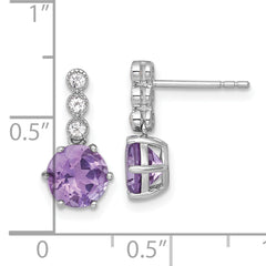 Sterling Silver Rhodium-plated Polished and Beaded Round Amethyst and White Topaz Dangle Post Earrings