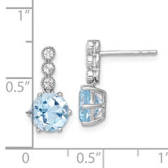 Sterling Silver Rhodium-plated Polished and Beaded Round Sky Blue and White Topaz Dangle Post Earrings