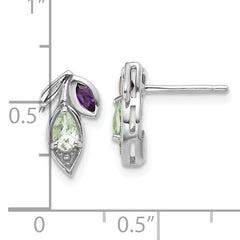 Sterling Silver Rhodium-plated Polished Amethyst and Green Quartz Leaf Post Earrings