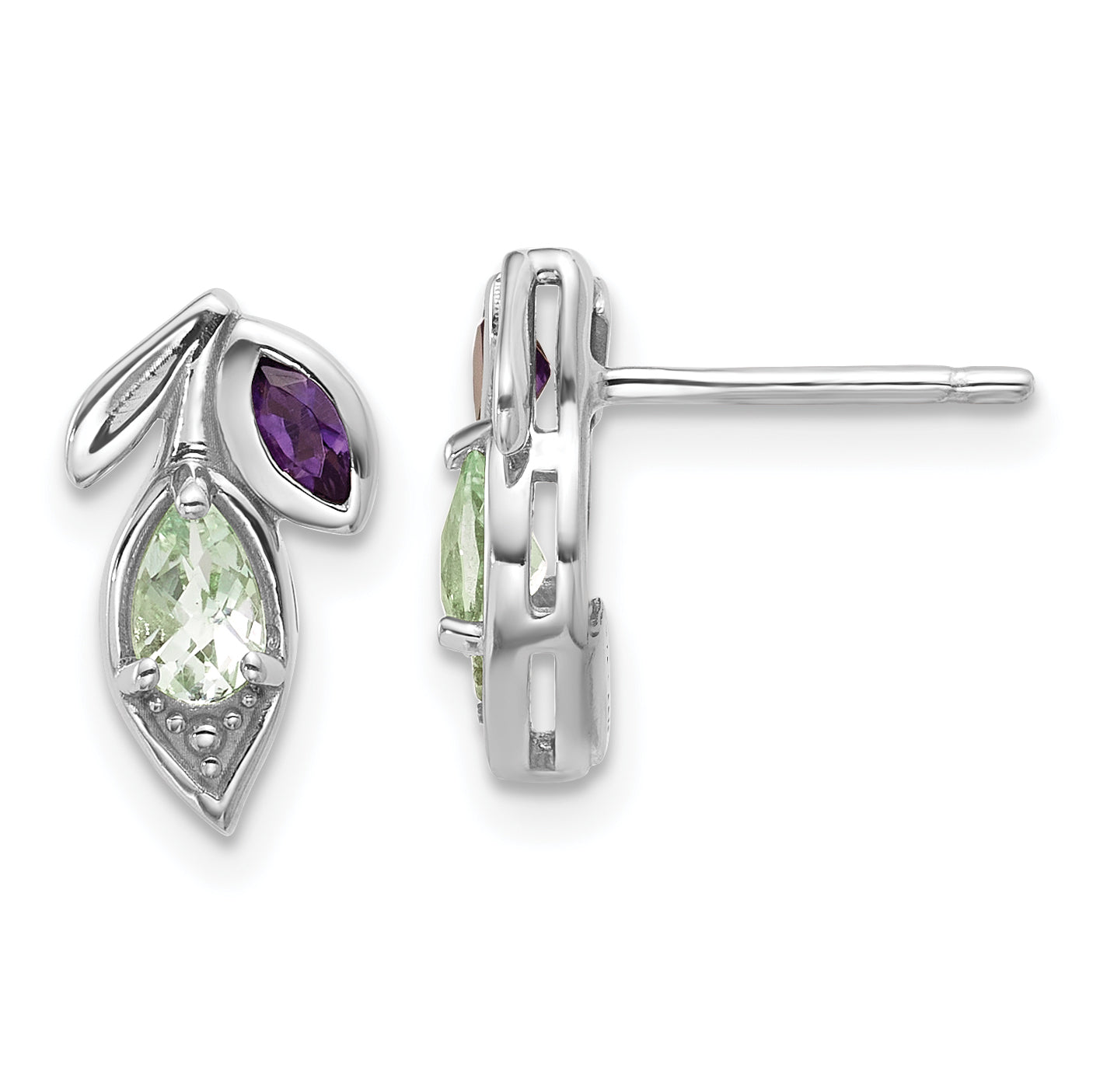 Sterling Silver Rhodium-plated Polished Amethyst and Green Quartz Leaf Post Earrings