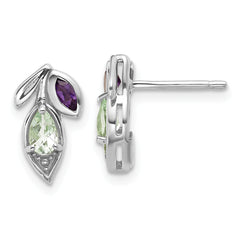 Sterling Silver Rhodium-plated Polished Amethyst and Green Quartz Leaf Post Earrings