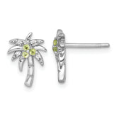 Sterling Silver Rhodium-plated Polished and Grooved Peridot and White Topaz Palm Tree Post Earrings