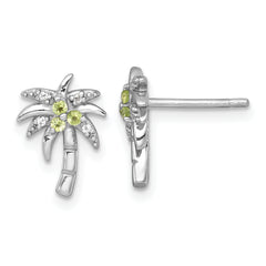 Sterling Silver Rhodium-plated Polished and Grooved Peridot and White Topaz Palm Tree Post Earrings