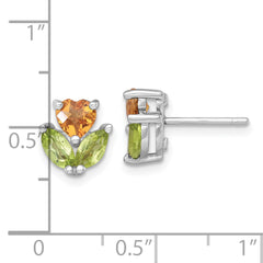 Sterling Silver Rhodium-plated Polished Heart Citrine and Peridot Flower Post Earrings