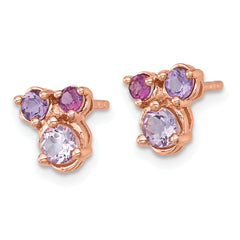 Sterling Silver Rose Gold-plated Polished Round Amethyst, Pink Quartz and Rhodolite Garnet Post Earrings