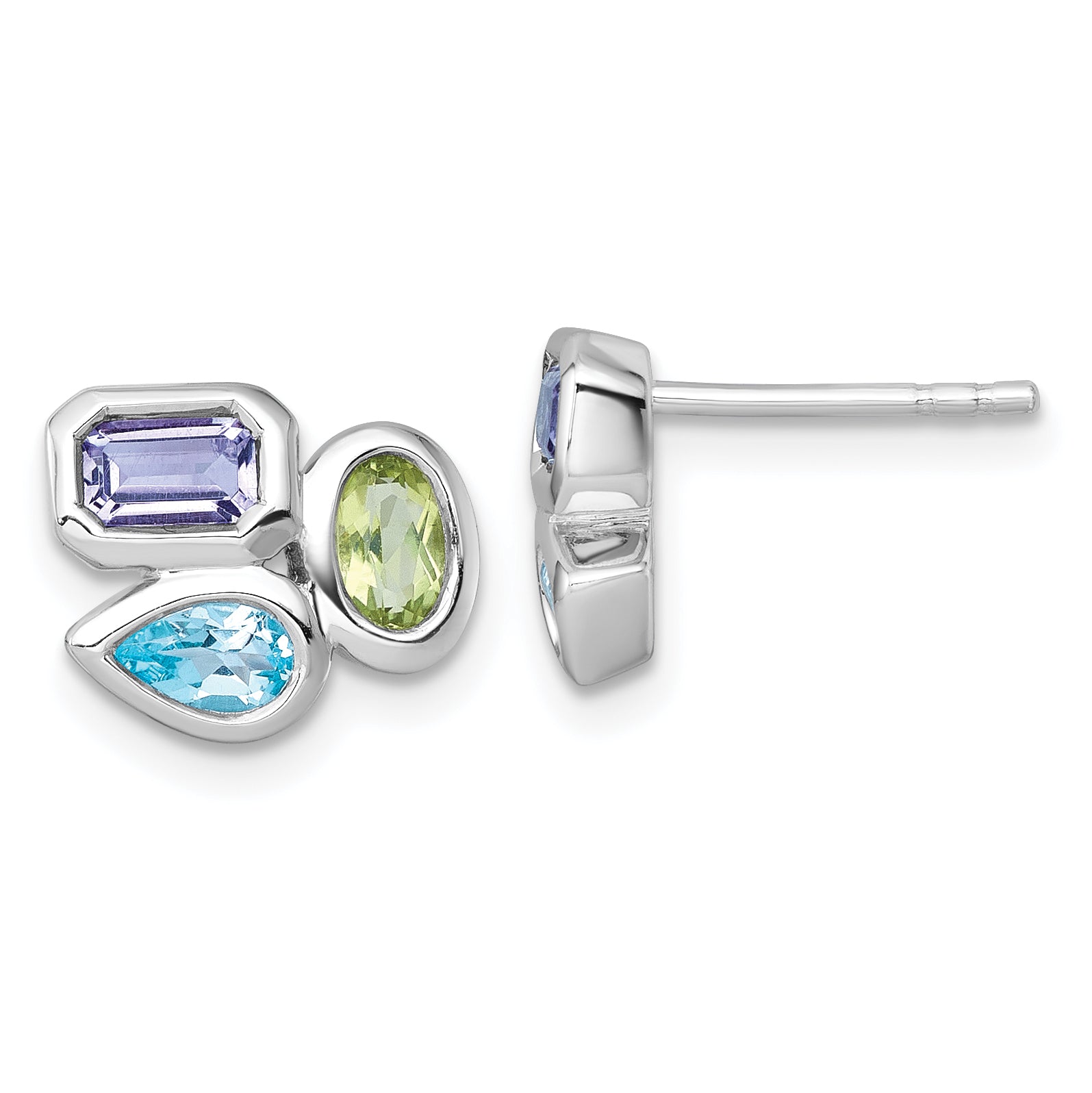 Sterling Silver Rhodium-plated Polished Pear Blue Topaz, Oval Peridot and Emerald-cut Amethyst Post Earrings