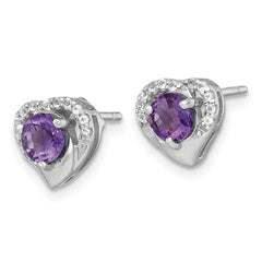 Sterling Silver Rhodium-plated Polished Amethyst and White Topaz Heart Post Earrings