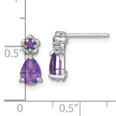 Sterling Silver Rhodium-plated Polished Amethyst Teardrop and Flower Post Earrings