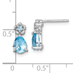 Sterling Silver Rhodium-plated Polished Light Swiss Blue Topaz Teardrop and Flower Post Earrings