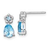 Sterling Silver Rhodium-plated Polished Light Swiss Blue Topaz Teardrop and Flower Post Earrings