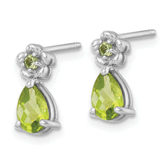 Sterling Silver Rhodium-plated Polished Peridot Teardrop and Flower Post Earrings