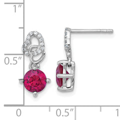 Sterling Silver Rhodium-plated Polished Round Lab Created Ruby and CZ Heart Post Dangle Earrings