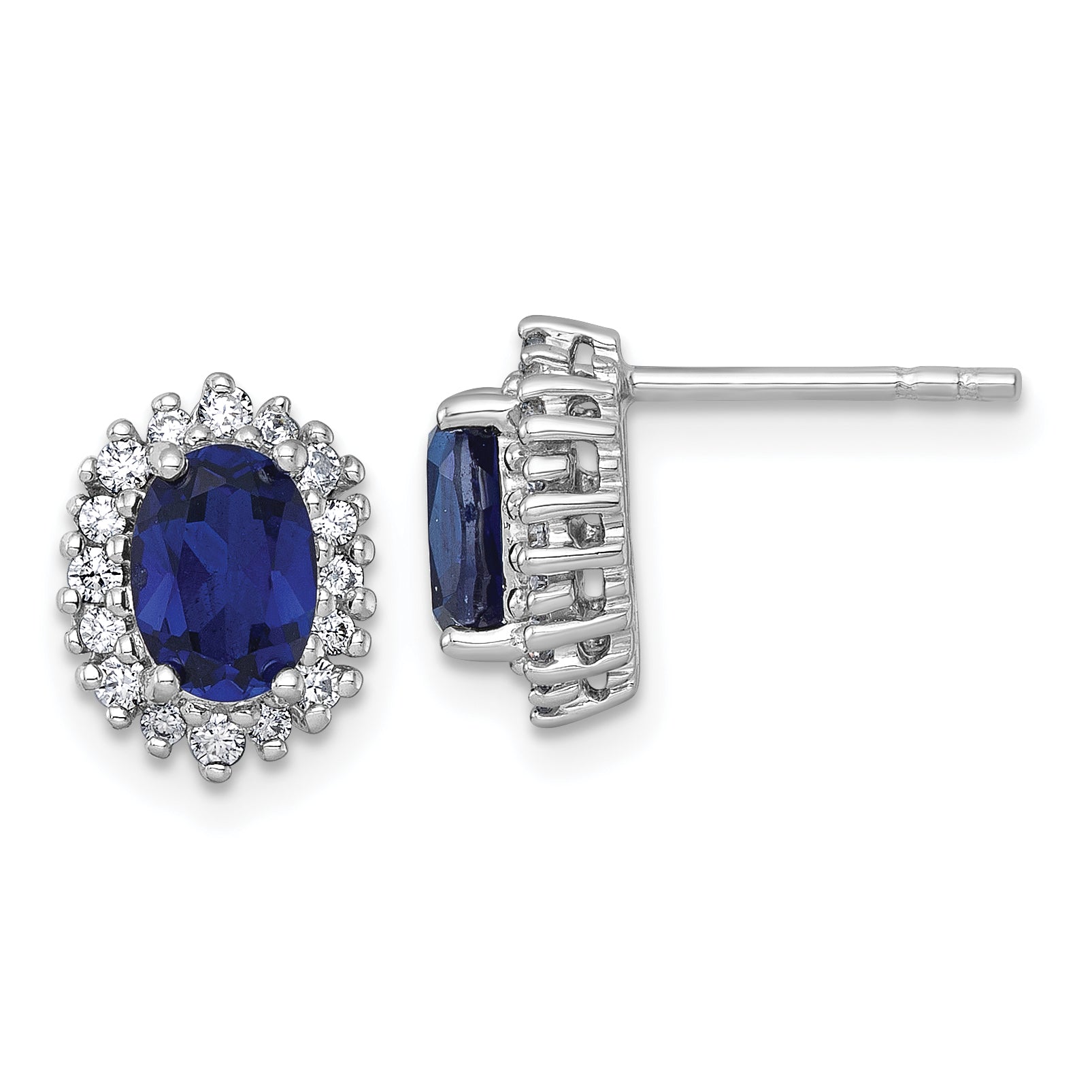 Sterling Silver Rhodium-plated Polished Lab Created Sapphire and CZ Oval Halo Post Earrings