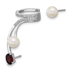 Sterling Silver Rhodium-plated CZ, White Freshwater Cultured Pearl and .57ct Oval Garnet Post and Cuff Asymmetric Earrings