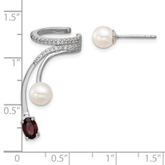 Sterling Silver Rhodium-plated CZ, White Freshwater Cultured Pearl and .57ct Oval Garnet Post and Cuff Asymmetric Earrings