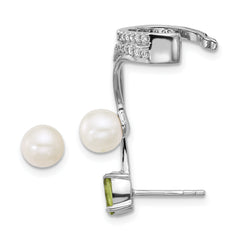 Sterling Silver Rhodium-plated CZ, White Freshwater Cultured Pearl and .49ct Oval Peridot Post and Cuff Asymmetric Earrings