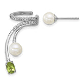 Sterling Silver Rhodium-plated CZ, White Freshwater Cultured Pearl and .49ct Oval Peridot Post and Cuff Asymmetric Earrings