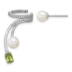 Sterling Silver Rhodium-plated CZ, White Freshwater Cultured Pearl and .49ct Oval Peridot Post and Cuff Asymmetric Earrings