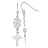 Sterling Silver Polished Spanish Miraculous Medal and Cross Dangle Shepherd Hook Earrings