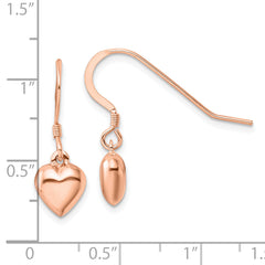 Sterling Silver Rose-tone Puffed Heart Dangle Shepherd Hook Earrings