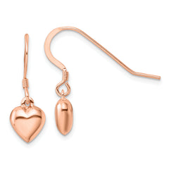 Sterling Silver Rose-tone Puffed Heart Dangle Shepherd Hook Earrings