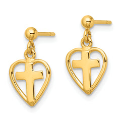 Sterling Silver Gold-tone Polished Cross In Heart Post Dangle Earrings