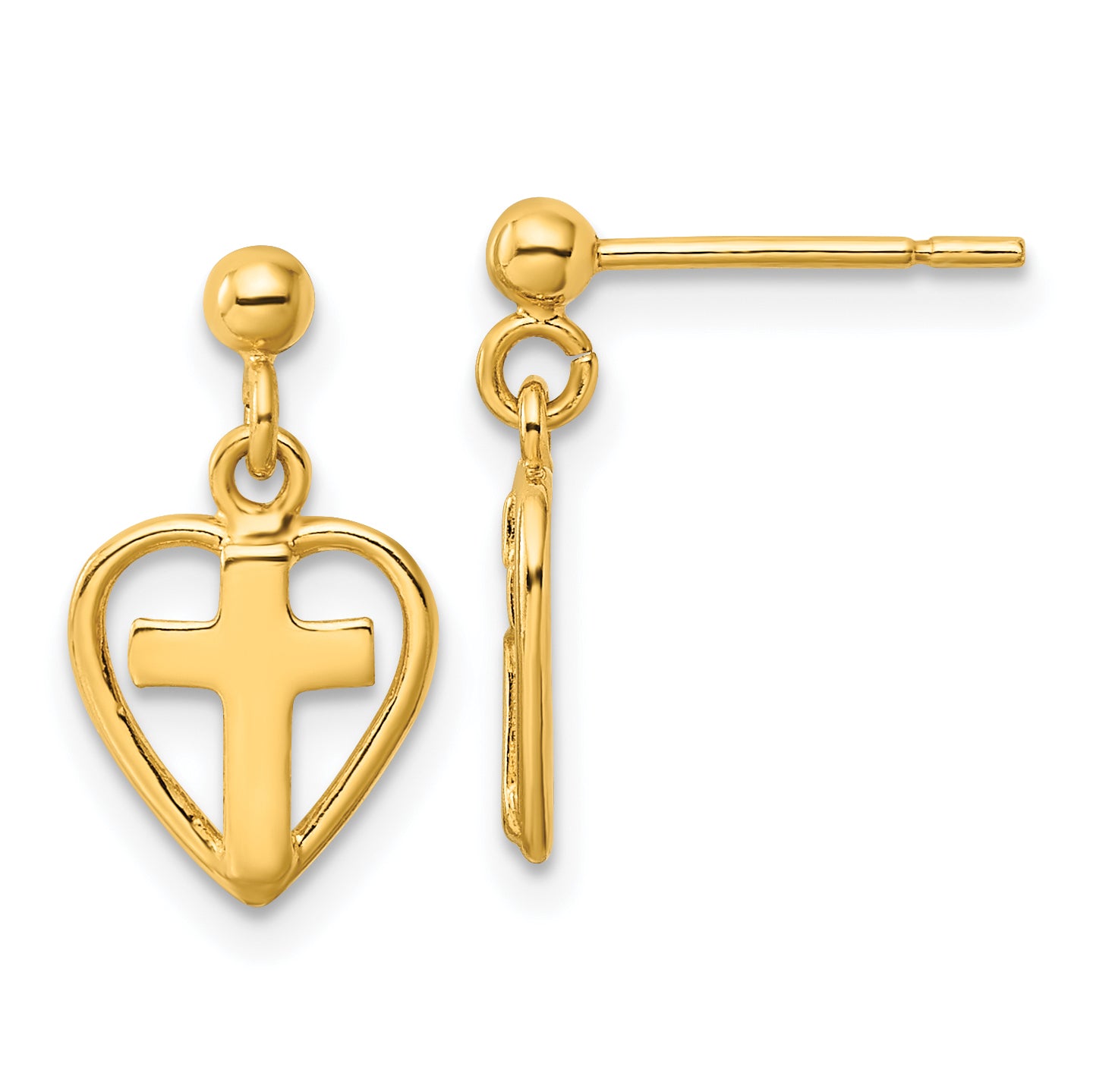 Sterling Silver Gold-tone Polished Cross In Heart Post Dangle Earrings