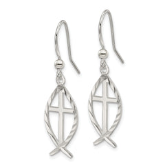 Sterling Silver Polished & D/C Cross & Ichthus Dangle Earrings