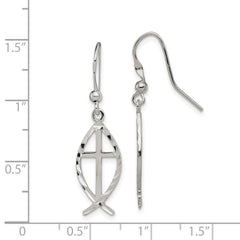 Sterling Silver Polished & D/C Cross & Ichthus Dangle Earrings