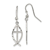 Sterling Silver Polished & D/C Cross & Ichthus Dangle Earrings
