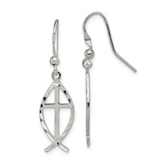 Sterling Silver Polished & D/C Cross & Ichthus Dangle Earrings
